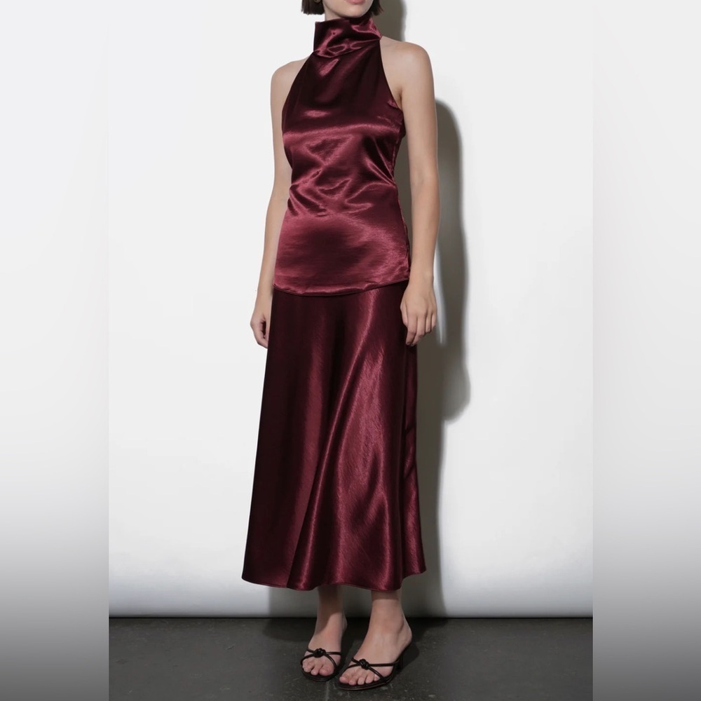 Greylin Burgundy Satin Midi Skirt
